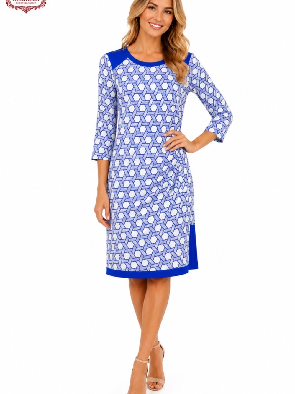 Donna Morgan Size 6 Blue Geometric Sheath Dress Ruched Side Fully Lined